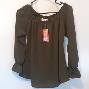 Paisley Raye Olive/Green Blouse Size S With Cinched Collar Ruffled Sleeves